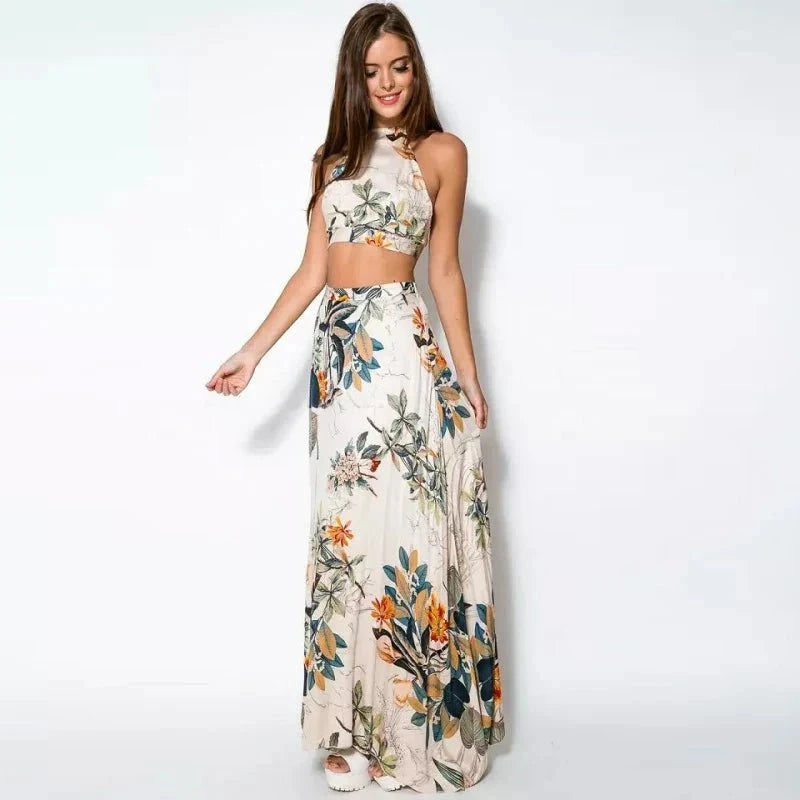 Lavinque Outfit set Blanc / S Ensemble Fleuri 2 Pièces | Top Cropped & Jupe Longue | Léger et Bohème