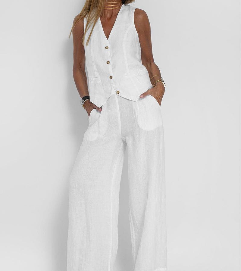 Lavinque outfit set Blanc / S Ensemble Lin Gilet et Pantalon Large | Élégant | Léger et Tendance
