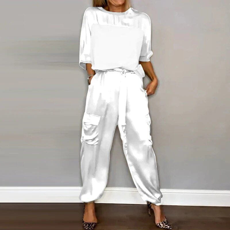 Lavinque Outfit set Blanc / S Ensemble Satiné Chic | Beige Doré | Élégant et Fluide