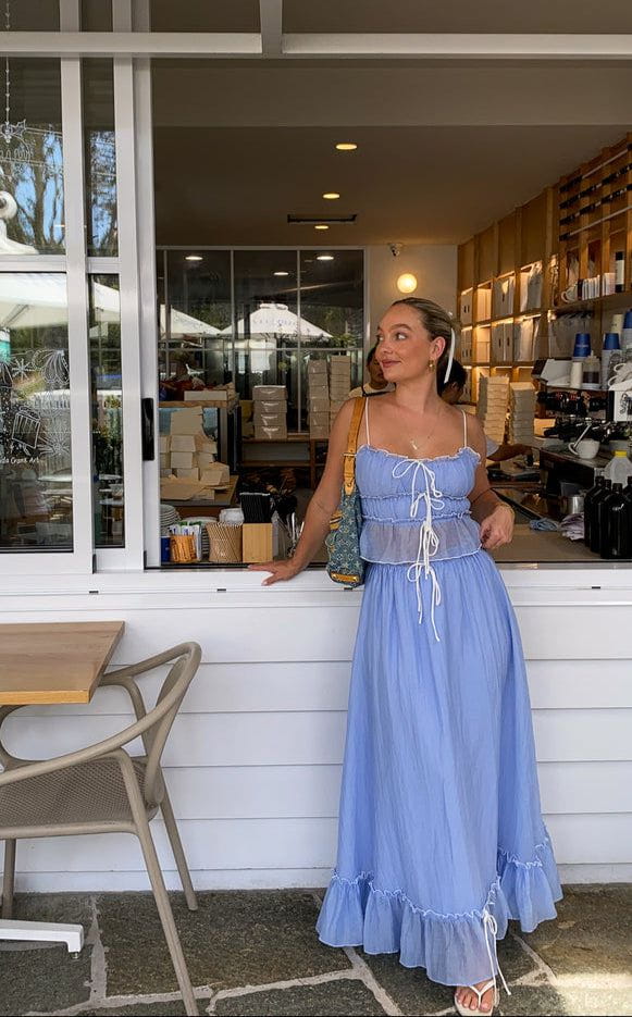 Lavinque Outfit set Bleu / M Ensemble Bohème Volants | Crème & Détails Noirs | Léger et Romantique