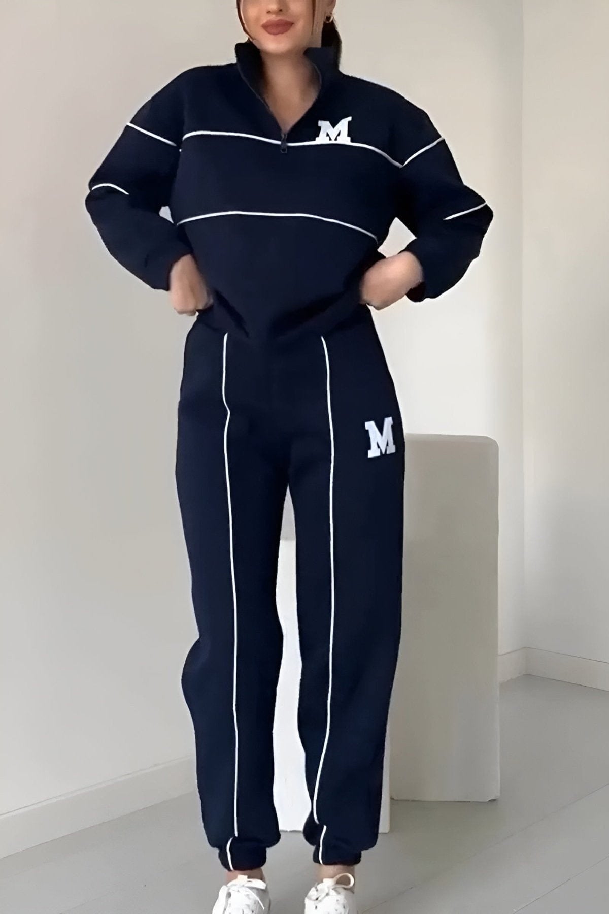 Lavinque Outfit set Bleu Marine / S Ensemble de Jogging Vert Foncé | Col Zippé & Lettrage M | Sportif et Stylé