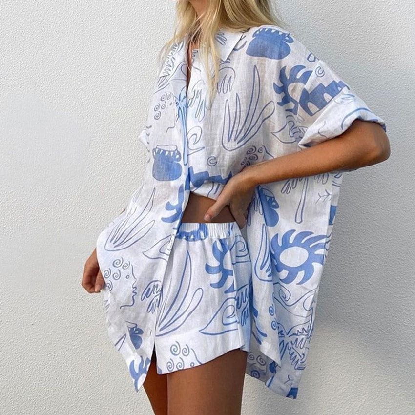 Lavinque outfit set Bleu / S Ensemble Chemise Oversize et Short Imprimé | Bohème | Léger et Décontracté