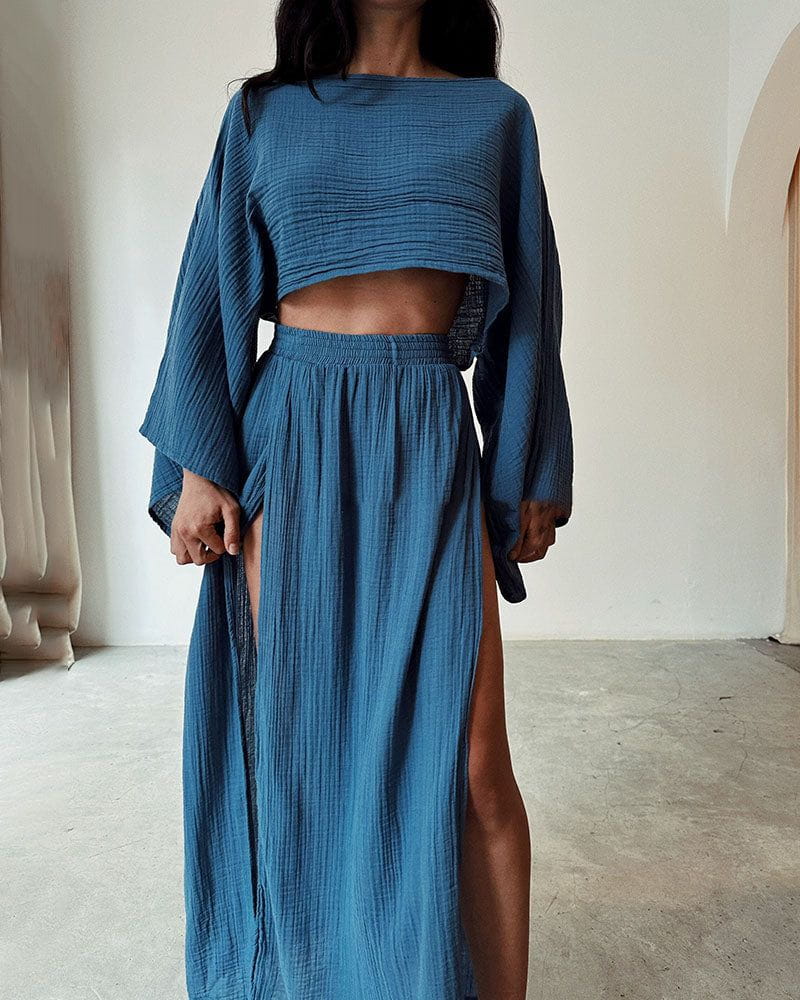 Lavinque outfit set Bleu / S Ensemble Crop Top et Jupe Fendue | Bohème | Fluide et Élégant