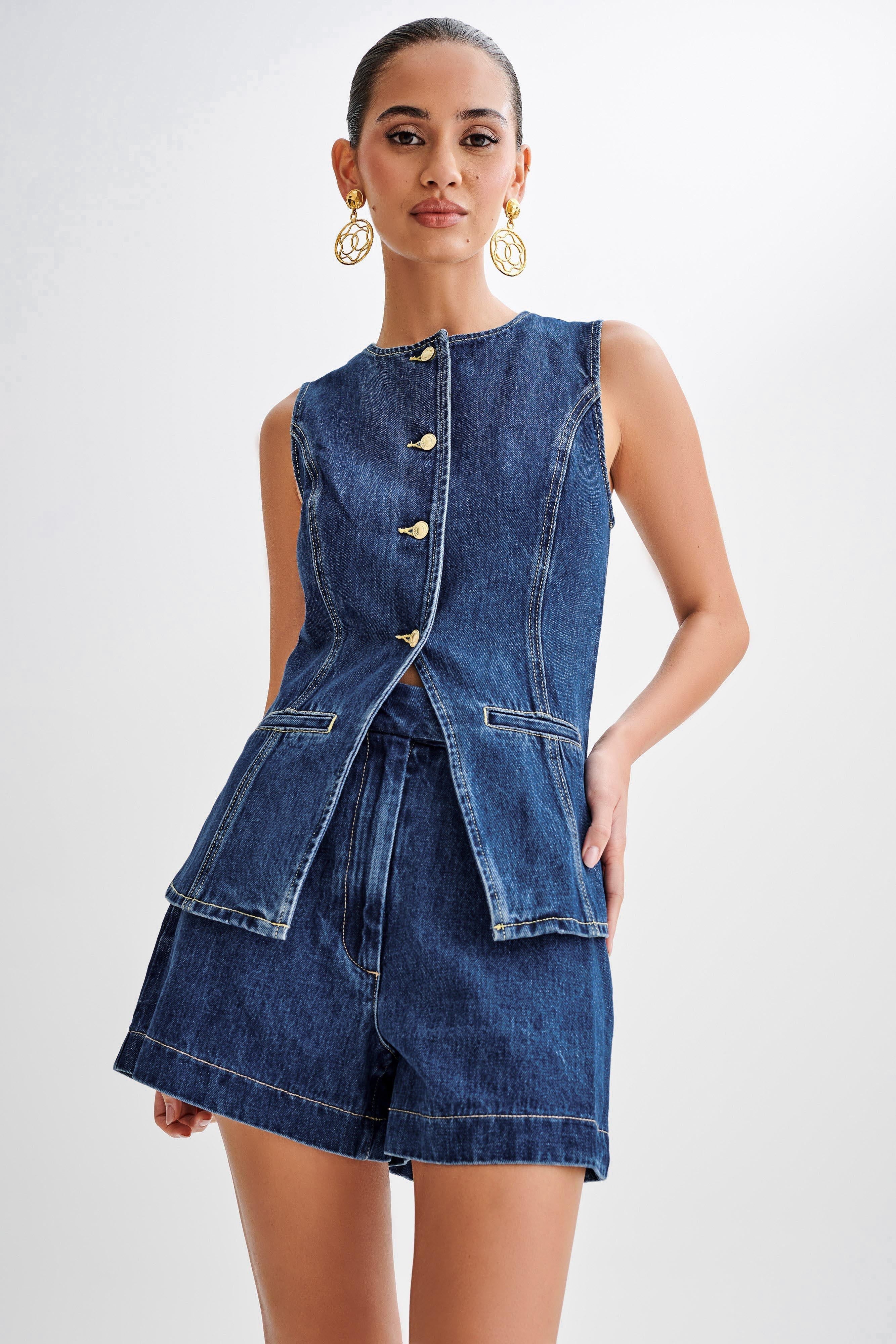 Lavinque Outfit set Bleu / S Ensemble Gilet & Short en Jean | Denim Bleu Foncé | Tendance et Structuré