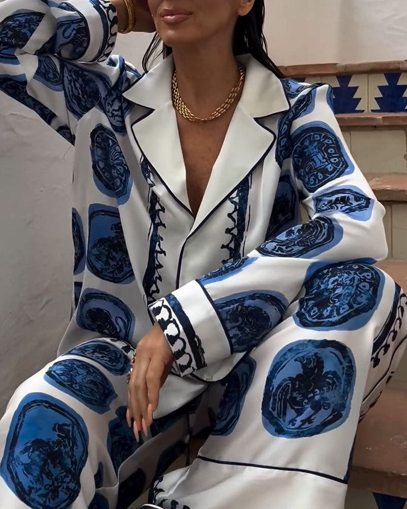 Lavinque outfit set Bleu / S Ensemble Satin Imprimé | Chic Méditerranéen | Confort et Style Assurés
