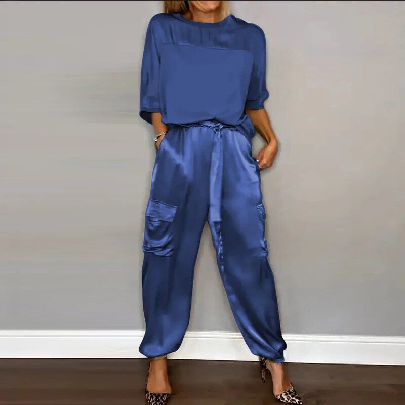 Lavinque Outfit set Bleu / S Ensemble Satiné Chic | Beige Doré | Élégant et Fluide