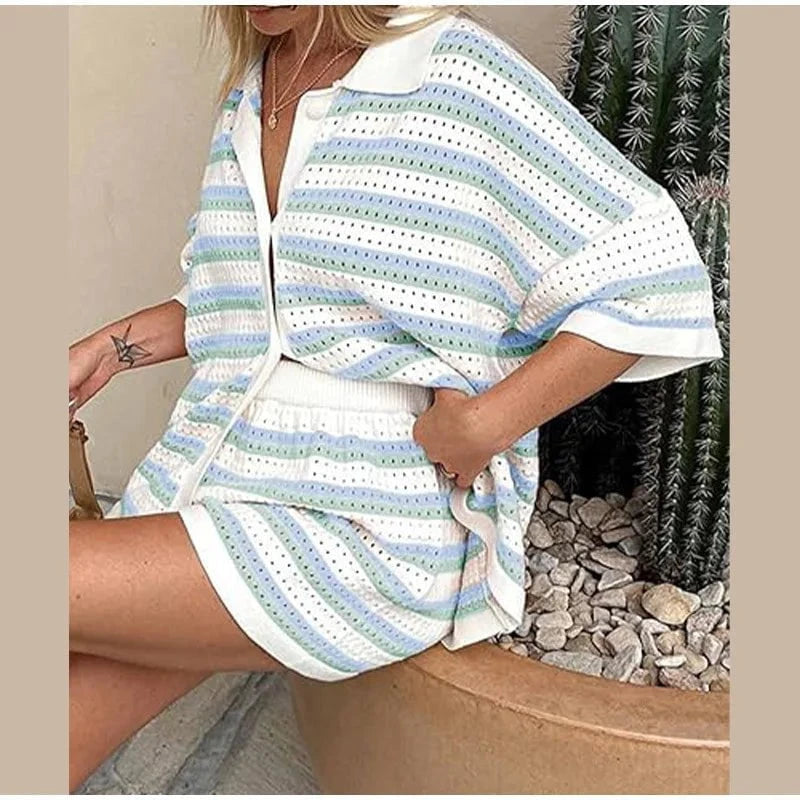 Lavinque outfit set Bleu / S Ensemble Tricot Short et Haut | Bohème | Confort et Élégance Décontractée