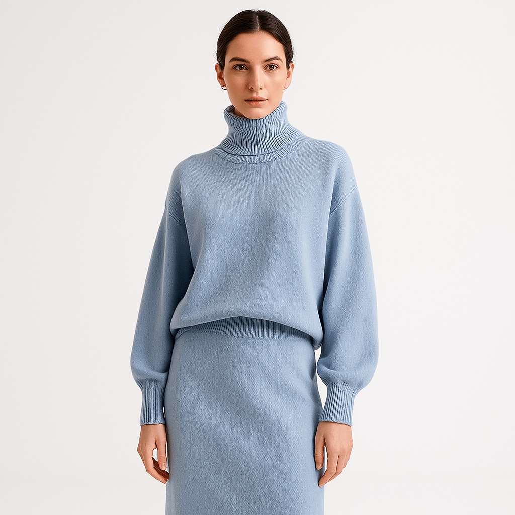Lavinque Outfit set Bleu / XS Ensemble Maille Hiver | Bleu Pastel | Pull Col Montant & Jupe Midi