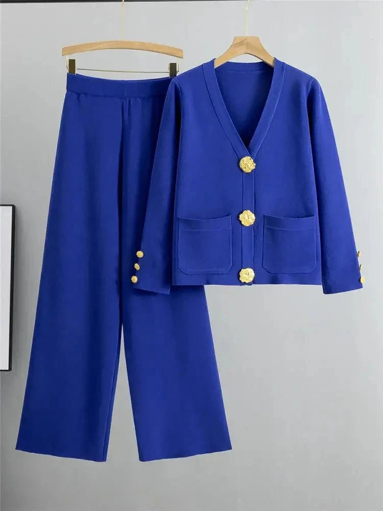 Lavinque Outfit set Bleu / XS Ensemble Pantalon & Cardigan Boutonné | Beige Sable | Élégance Décontractée