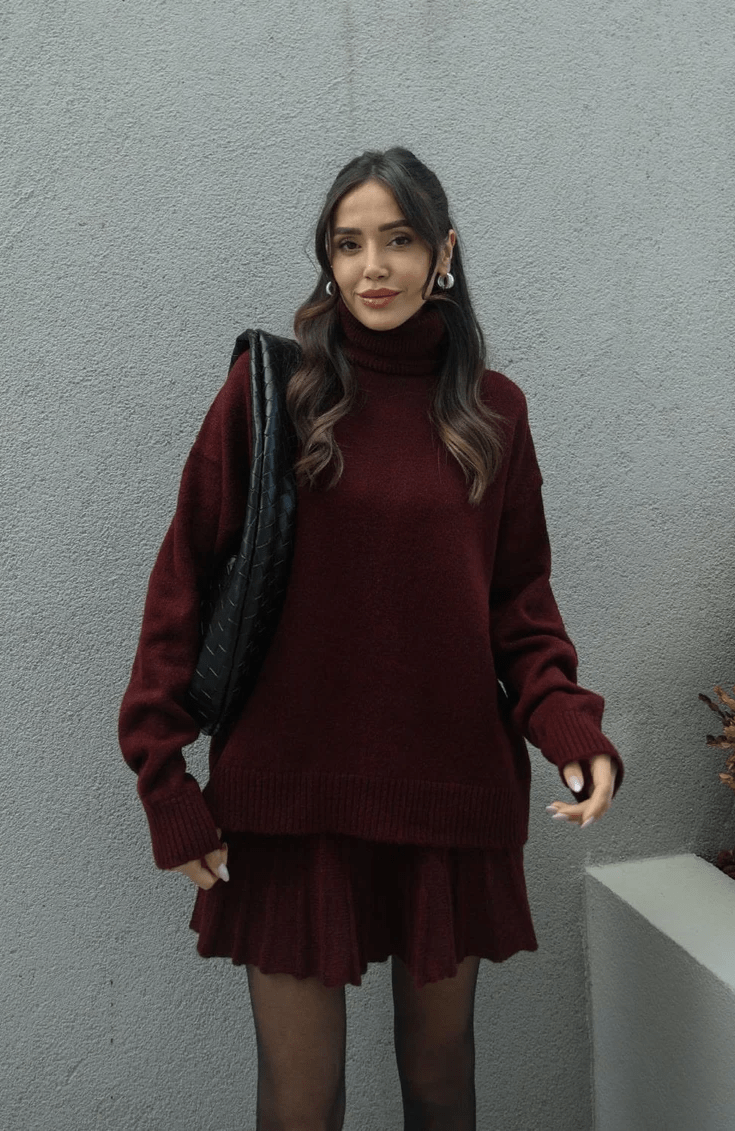 Lavinque outfit set Bourgogne / S Ensemble Robe et Pull Oversize Femme | Chic et Confortable | Hiver Élégant