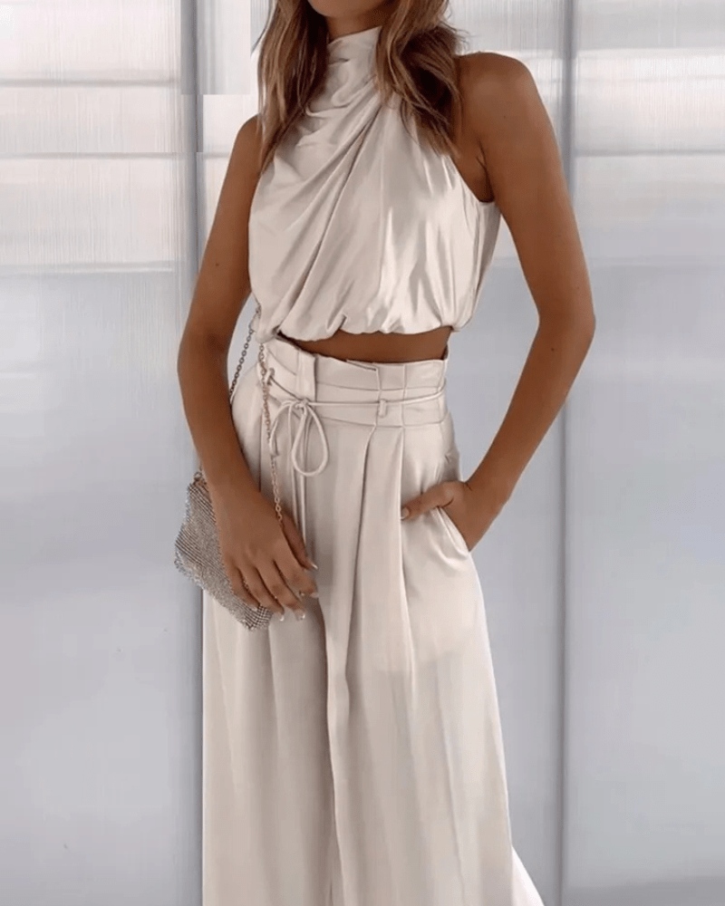 Lavinque outfit set Champagne / S Ensemble Drapé Chic | Blanc Cassé | Élégance Fluide et Moderne