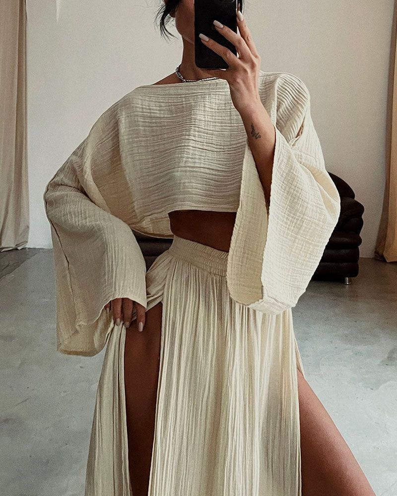 Lavinque outfit set Ensemble Crop Top et Jupe Fendue | Bohème | Fluide et Élégant
