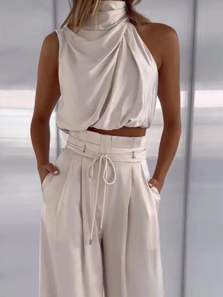 Lavinque outfit set Ensemble Drapé Chic | Blanc Cassé | Élégance Fluide et Moderne