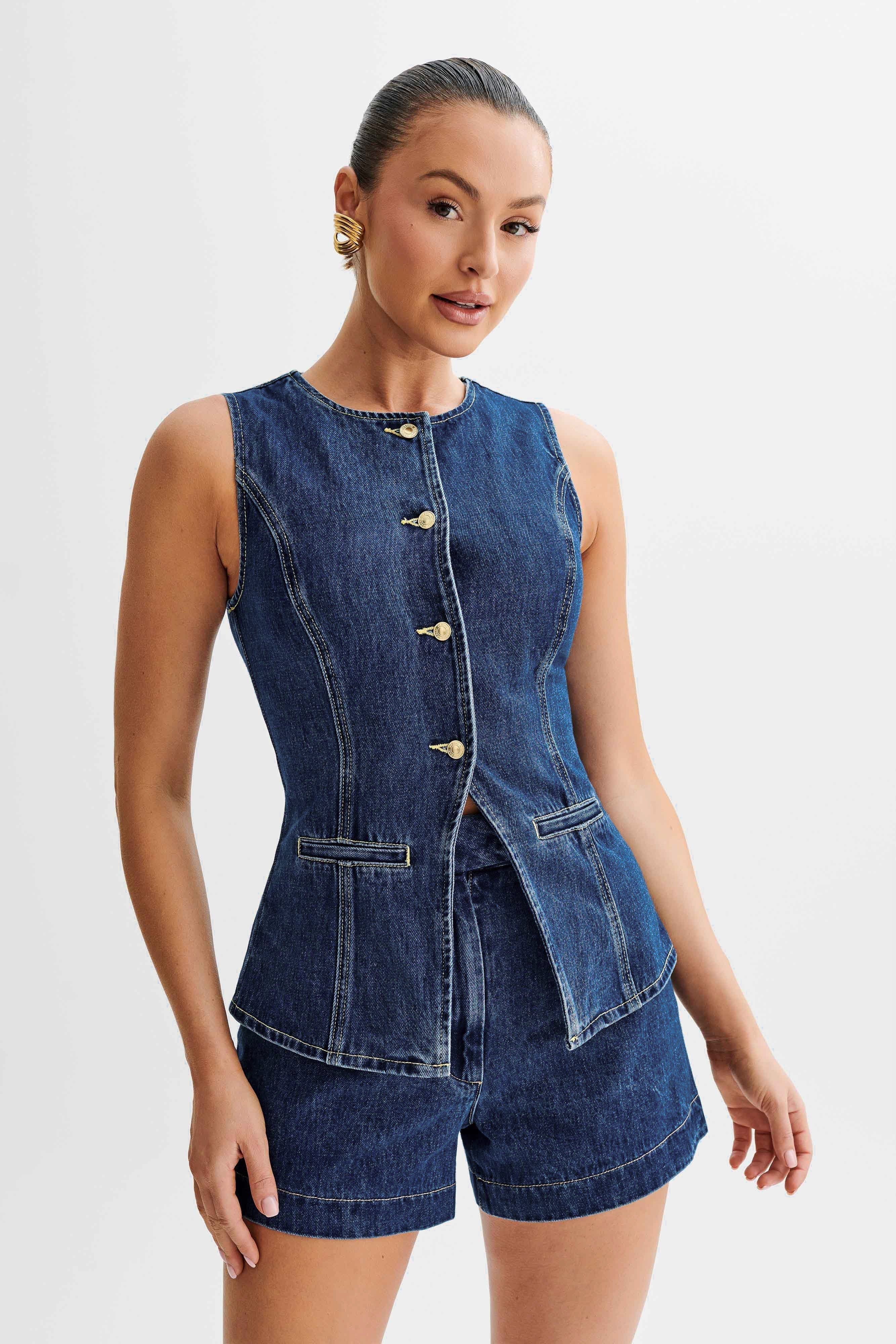 Lavinque Outfit set Ensemble Gilet & Short en Jean | Denim Bleu Foncé | Tendance et Structuré