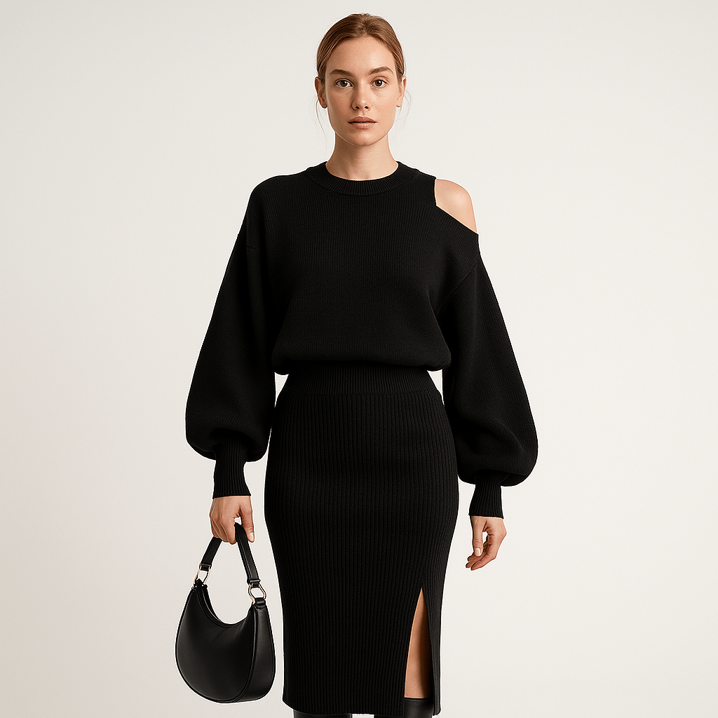 Lavinque Outfit set Ensemble Jupe & Pull Bordeaux | Asymétrique & Confort Chic