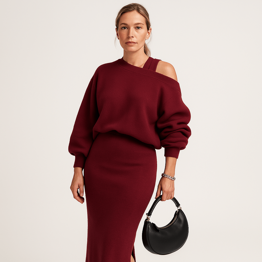 Lavinque Outfit set Ensemble Jupe & Pull Bordeaux | Asymétrique & Confort Chic