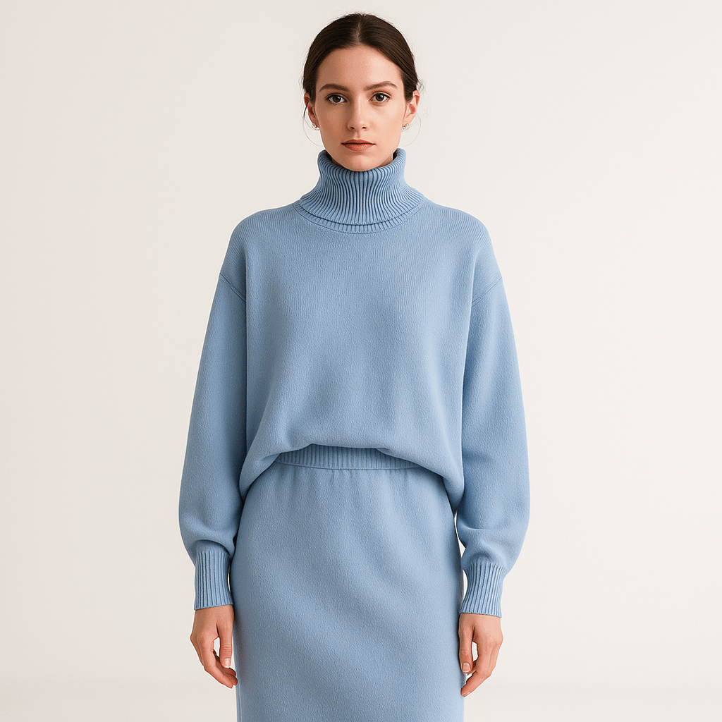 Lavinque Outfit set Ensemble Maille Hiver | Bleu Pastel | Pull Col Montant & Jupe Midi