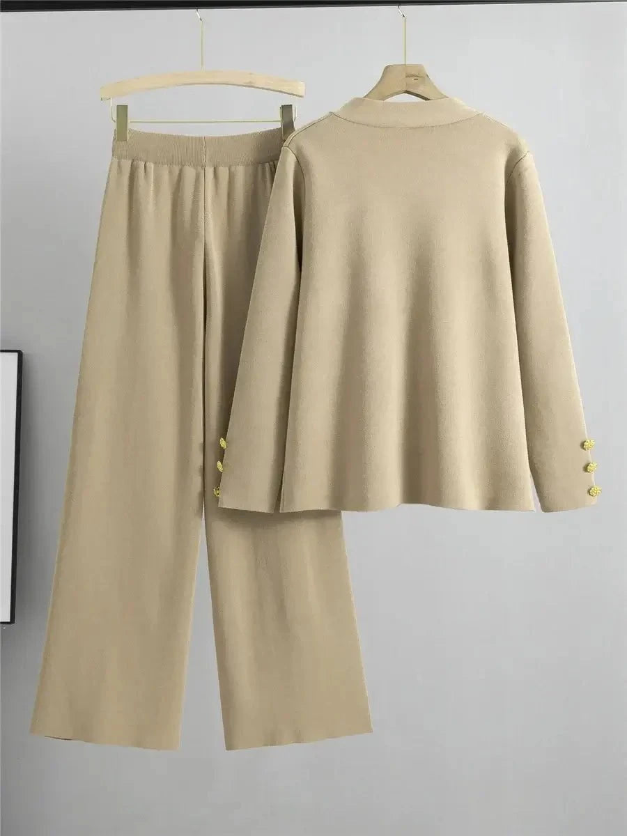 Lavinque Outfit set Ensemble Pantalon & Cardigan Boutonné | Beige Sable | Élégance Décontractée