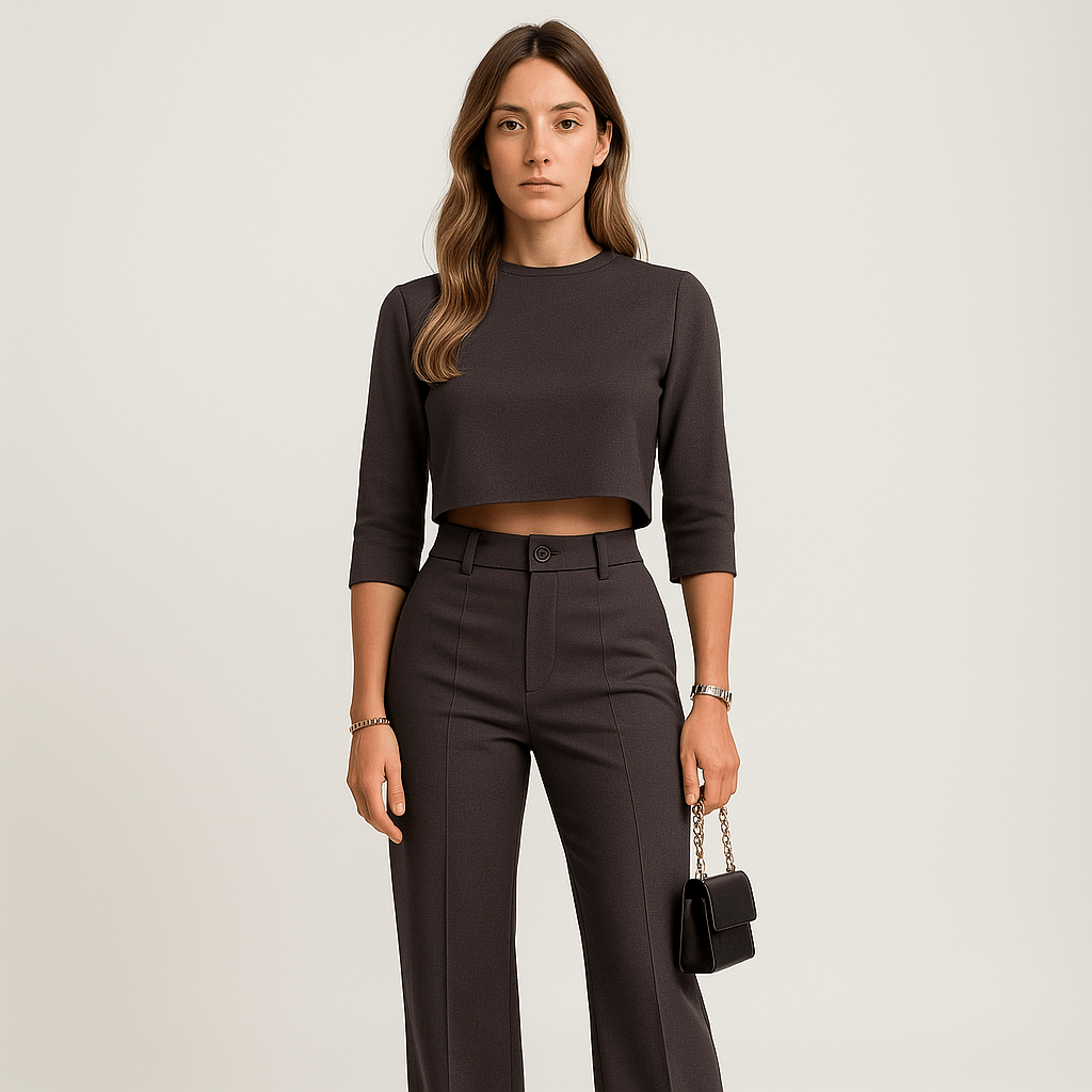 Lavinque Outfit set Gris / S Ensemble Marron Foncé | Crop Top & Pantalon | Style Minimal Élancé