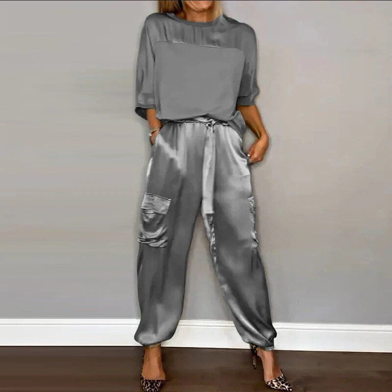 Lavinque Outfit set Gris / S Ensemble Satiné Chic | Beige Doré | Élégant et Fluide