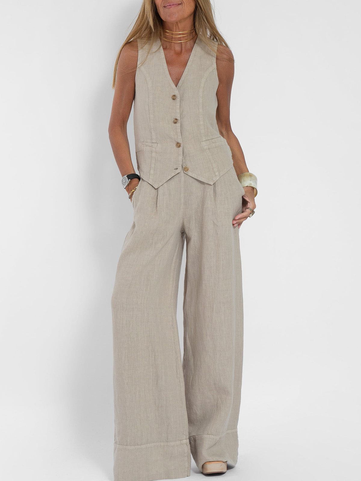 Lavinque outfit set Ivoire / S Ensemble Lin Gilet et Pantalon Large | Élégant | Léger et Tendance
