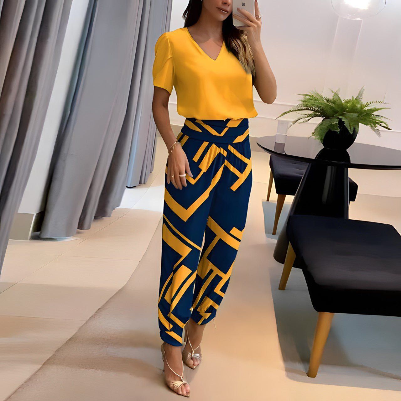 Lavinque outfit set Jaune-Bleu / S Ensemble Chic Femme | Haut Court et Pantalon Large | Élégance et Modernité