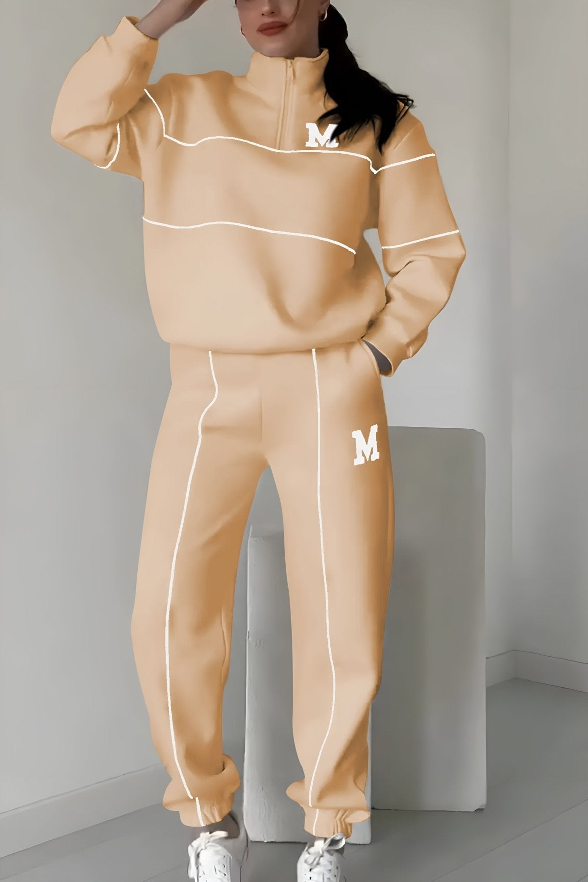 Lavinque Outfit set Kaki / S Ensemble de Jogging Vert Foncé | Col Zippé & Lettrage M | Sportif et Stylé