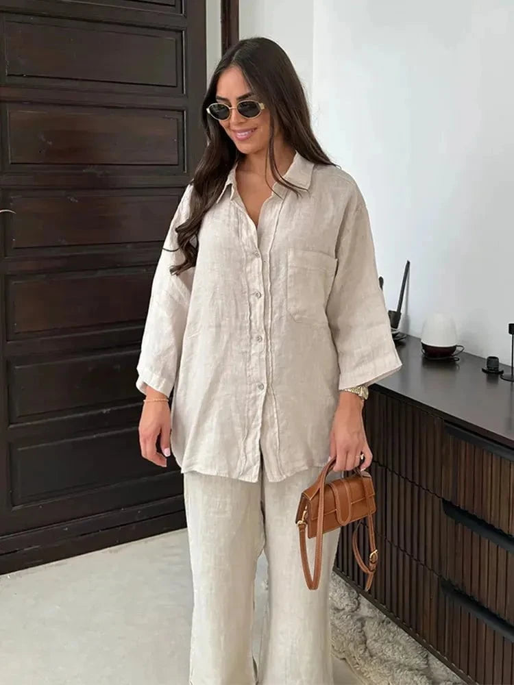 Lavinque outfit set Kaki / S Ensemble Lin Chemise & Pantalon | Chic | Léger et Confortable