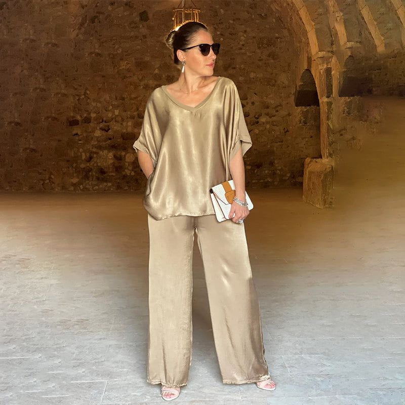 Lavinque outfit set Kaki / S Ensemble Satin Fluide | Élégant et Confortable | Style Chic Décontracté