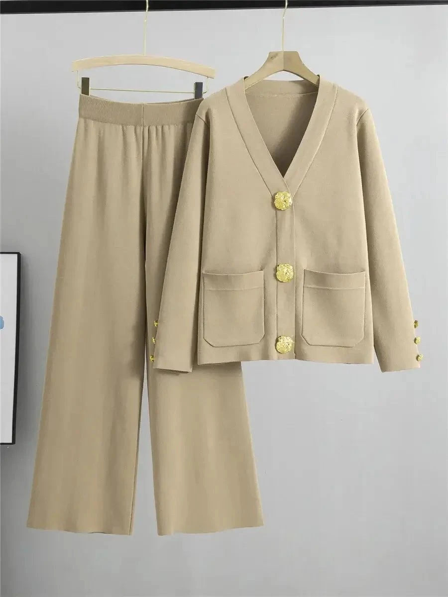 Lavinque Outfit set Kaki / XS Ensemble Pantalon & Cardigan Boutonné | Beige Sable | Élégance Décontractée