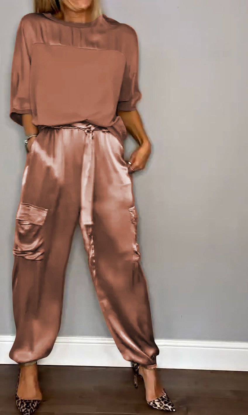 Lavinque outfit set Marron / S Ensemble Satiné | Élégance Brillante | Confort Luxe