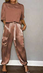 Lavinque Outfit set Marron / S Ensemble Satiné Élégant | Champagne Doré | Brillance et Raffinement