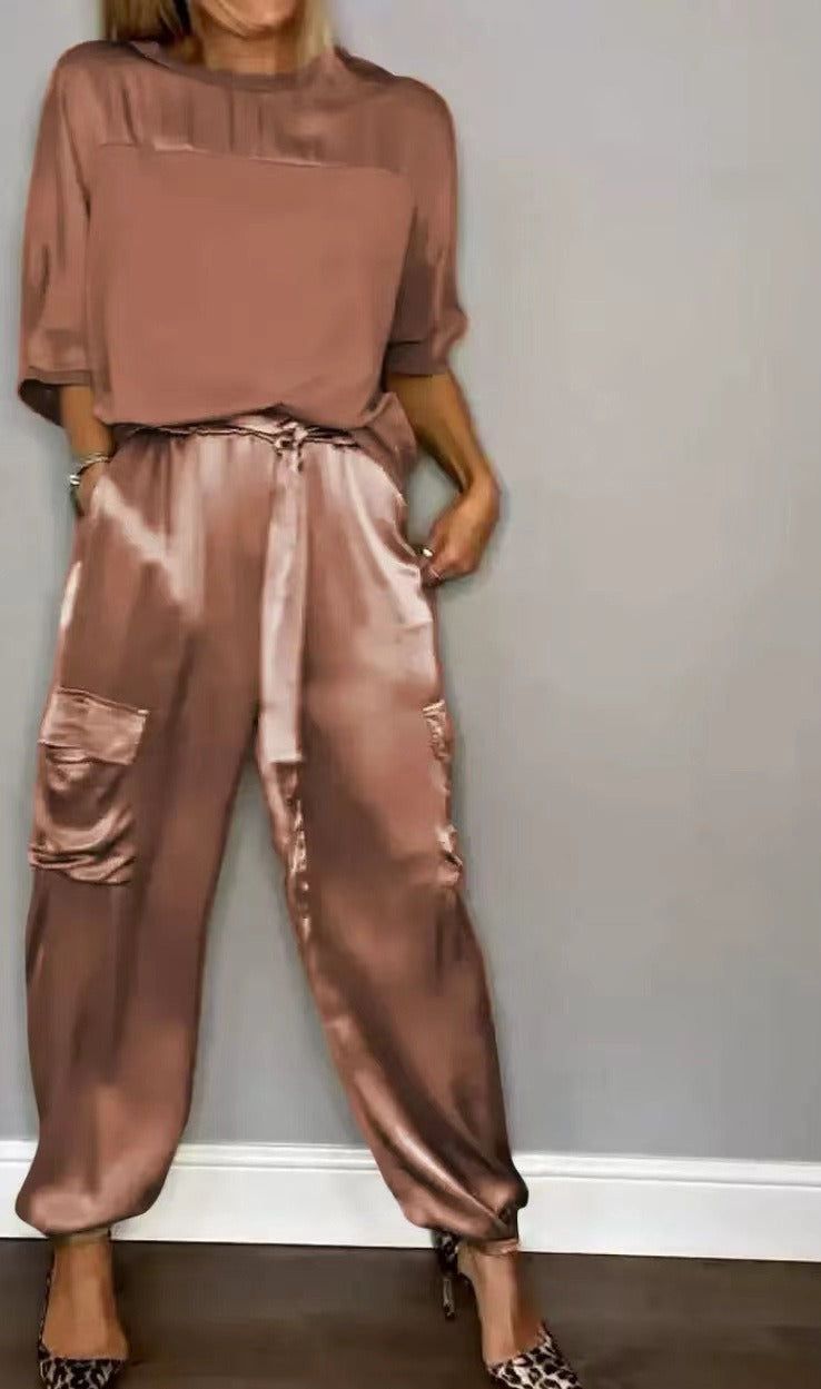 Lavinque Outfit set Marron / S Ensemble Satiné Élégant | Champagne Doré | Brillance et Raffinement