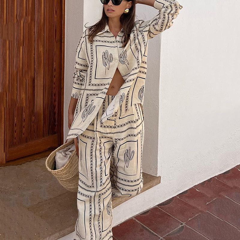 Lavinque outfit set Noir & Blanc / M Ensemble Chemise et Pantalon Large | Imprimé Bohème | Confort et Élégance Décontractée