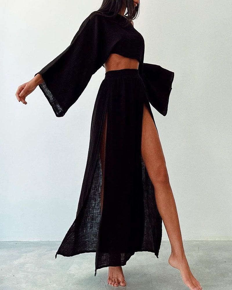 Lavinque outfit set Noir / S Ensemble Crop Top et Jupe Fendue | Bohème | Fluide et Élégant