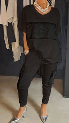 Lavinque outfit set Noir / S Ensemble Décontracté Chic avec Détails Strass | Confort & Élégance | Style Tendance