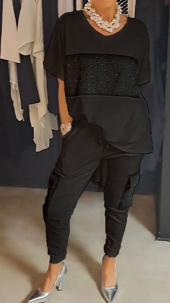 Lavinque outfit set Noir / S Ensemble Décontracté Chic avec Détails Strass | Confort & Élégance | Style Tendance
