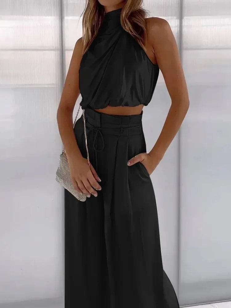 Lavinque outfit set Noir / S Ensemble Drapé Chic | Blanc Cassé | Élégance Fluide et Moderne
