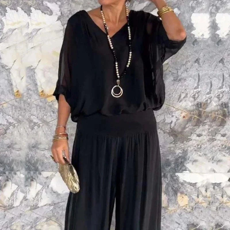 Lavinque outfit set Noir / S Ensemble fluide blouse et pantalon | Ensemble | Élégance et confort sophistiqué