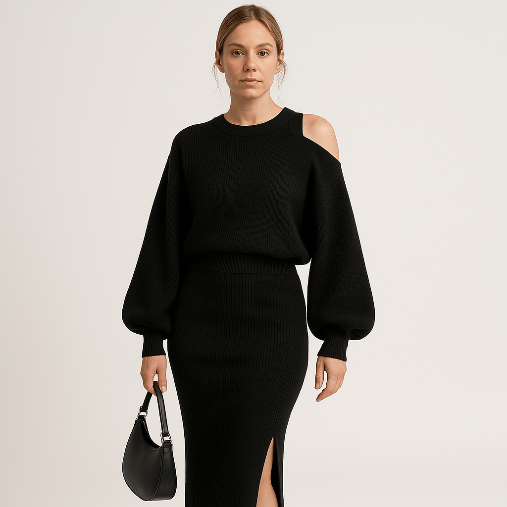 Lavinque Outfit set Noir / S Ensemble Jupe & Pull Bordeaux | Asymétrique & Confort Chic