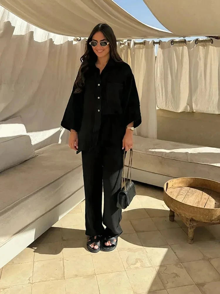 Lavinque outfit set Noir / S Ensemble Lin Chemise & Pantalon | Chic | Léger et Confortable