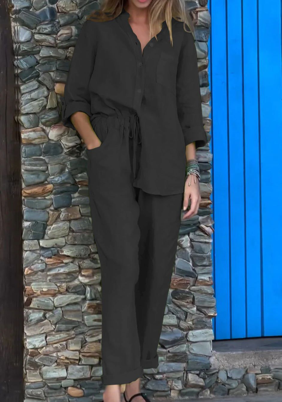 Lavinque outfit set Noir / S Ensemble Lin Femme | Chemise et Pantalon | Léger et Élégant