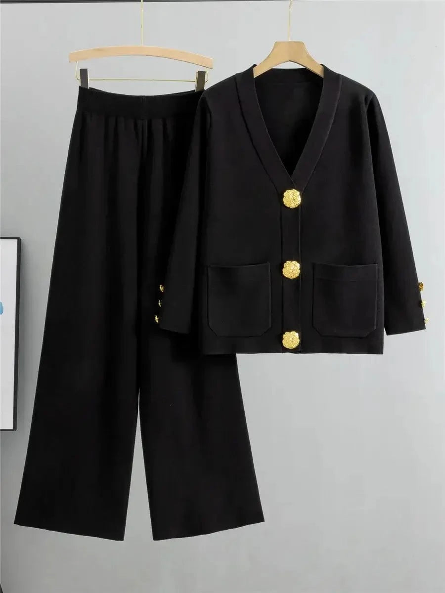 Lavinque Outfit set Noir / XS Ensemble Pantalon & Cardigan Boutonné | Beige Sable | Élégance Décontractée