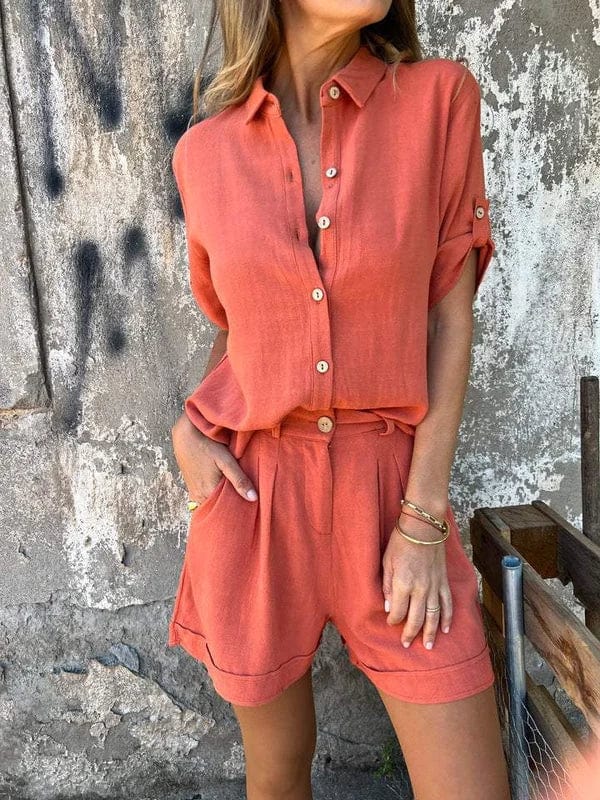 Lavinque outfit set Orange rouge / S Ensemble Chemise et Short | Lin | Élégance Décontractée
