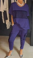 Lavinque outfit set Pourpre / S Ensemble Décontracté Chic avec Détails Strass | Confort & Élégance | Style Tendance
