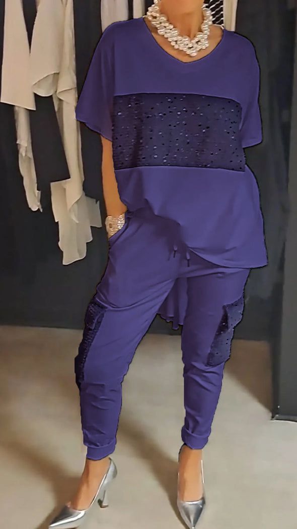 Lavinque outfit set Pourpre / S Ensemble Décontracté Chic avec Détails Strass | Confort & Élégance | Style Tendance