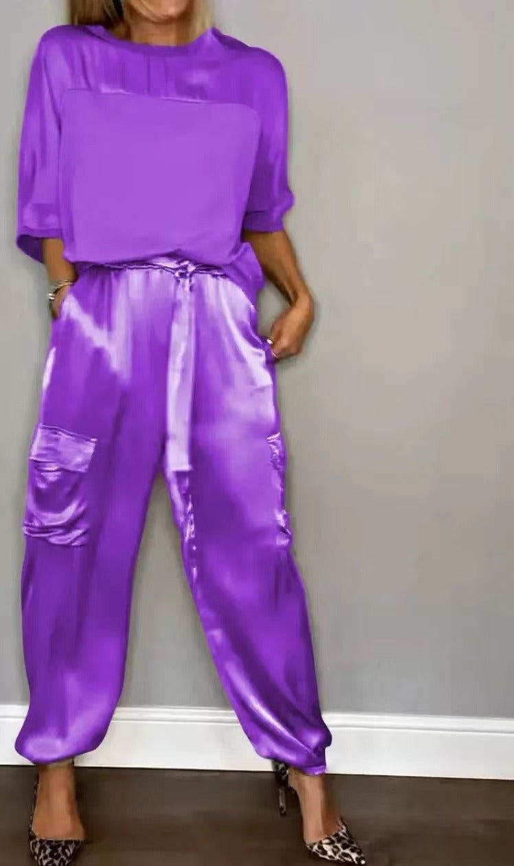 Lavinque Outfit set Pourpre / S Ensemble Satiné Élégant | Champagne Doré | Brillance et Raffinement