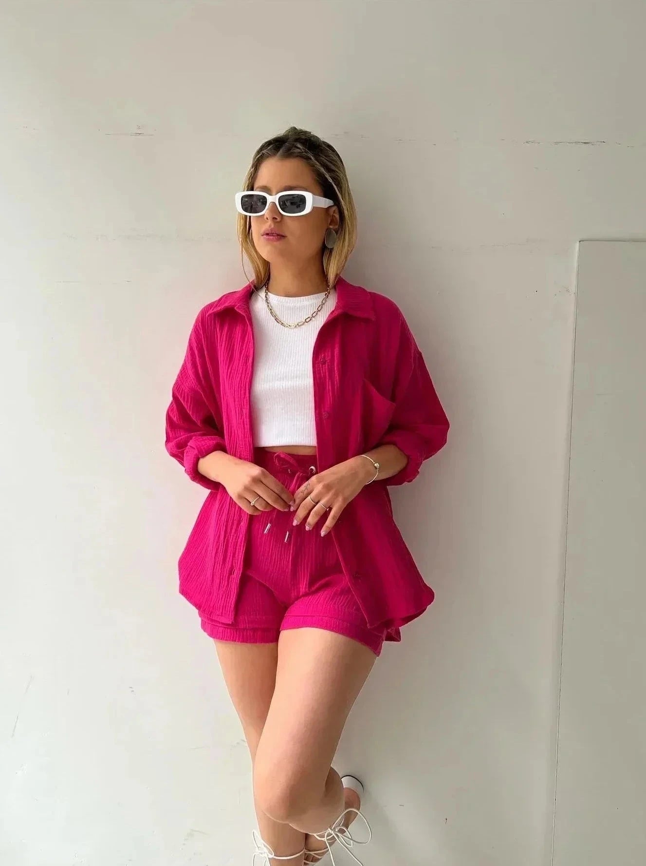 Lavinque outfit set Rose foncé / S Ensemble Short & Chemise | Beige | Décontracté et Tendance