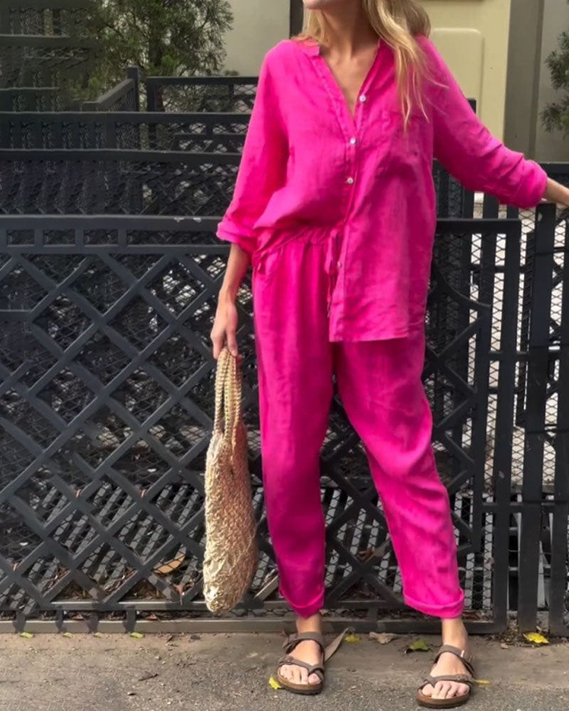 Lavinque outfit set Rose Rouge / S Ensemble Lin Femme | Chemise et Pantalon | Léger et Élégant