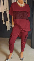 Lavinque outfit set Rouge / S Ensemble Décontracté Chic avec Détails Strass | Confort & Élégance | Style Tendance
